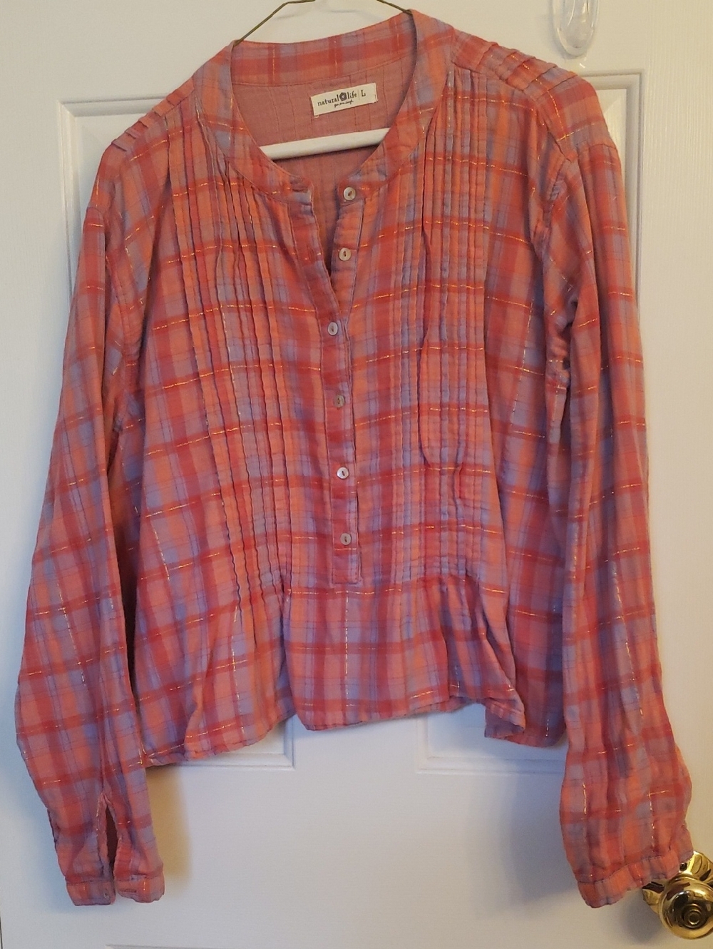 NATURAL LIFE coral and lavender plaid blouse with metallic thread